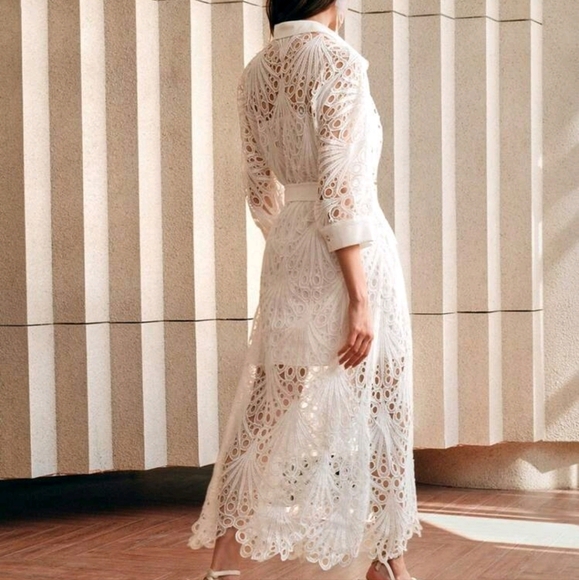 Mid-Sleeve Lace Embroidered Vacation Style Women's Midi Dress - Picture 2 of 5